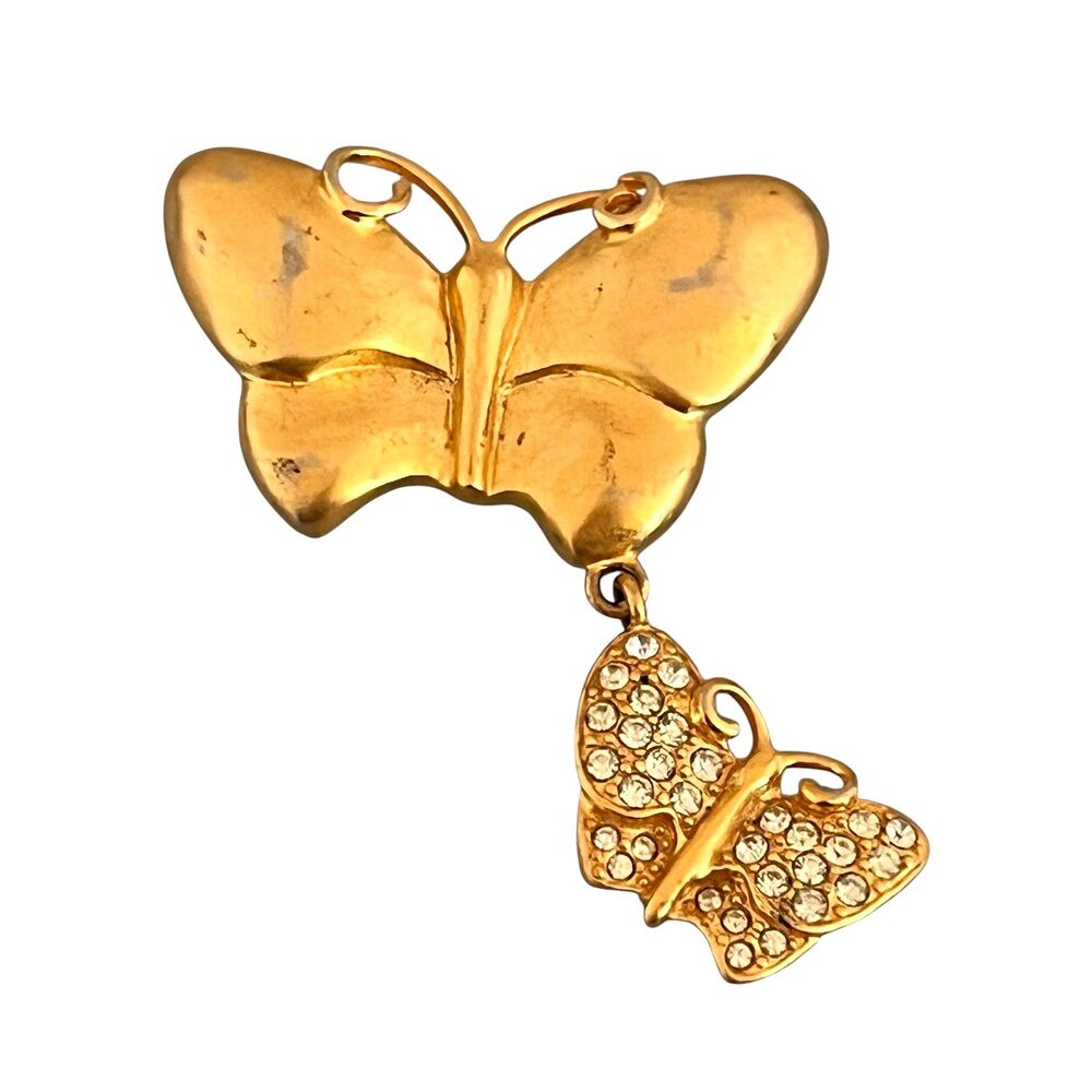 Vintage 1980s Givenchy Butterfly Brooch Gold Tone Crystal Dangle - 7Y